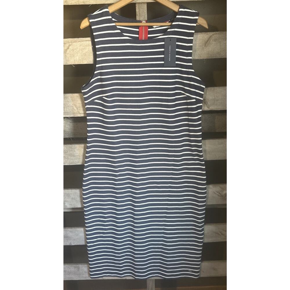 NWT Tommy Hilfiger Size Large Dress Navy Striped Midi Sleeveless Cotton Blend